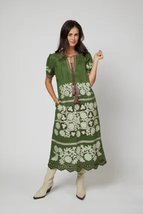 Natalia Ukrainian Embroidered  Dress - Olive Green, Ivory, Wine